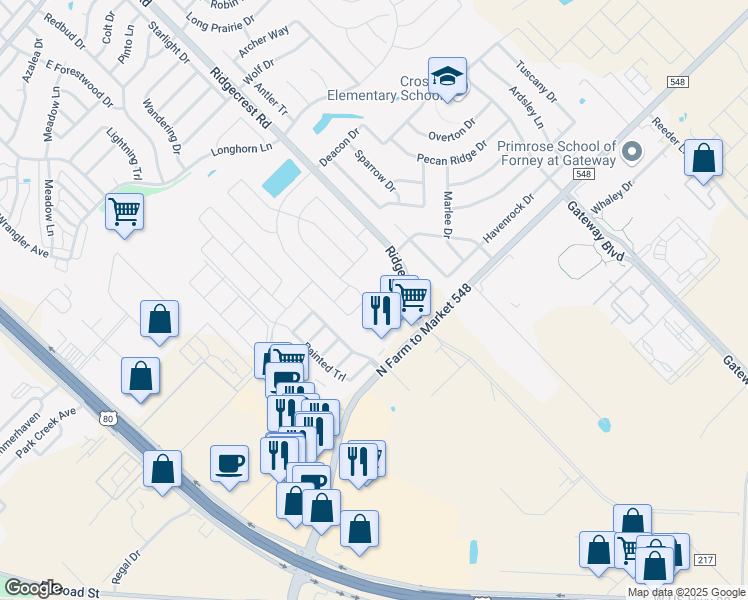 map of restaurants, bars, coffee shops, grocery stores, and more near 520 Clemson Lane in Forney