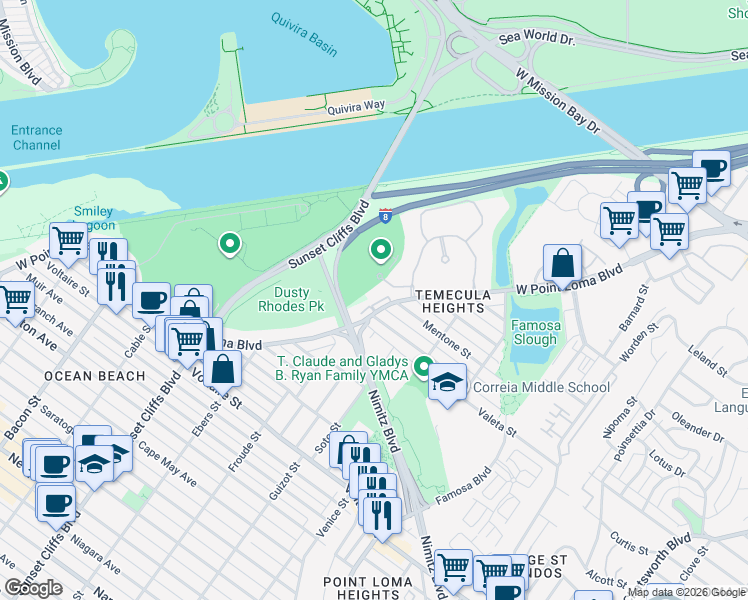 map of restaurants, bars, coffee shops, grocery stores, and more near 4588 West Point Loma Boulevard in San Diego