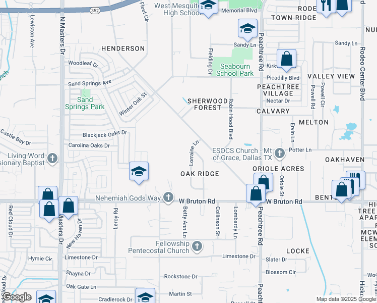 map of restaurants, bars, coffee shops, grocery stores, and more near 1203 Lorraine Lane in Mesquite