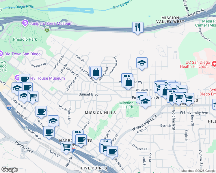 map of restaurants, bars, coffee shops, grocery stores, and more near 1830 Fort Stockton Drive in San Diego