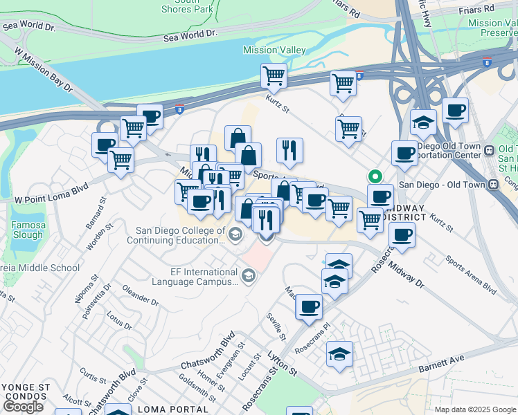 map of restaurants, bars, coffee shops, grocery stores, and more near 3555 Sports Arena Boulevard in San Diego