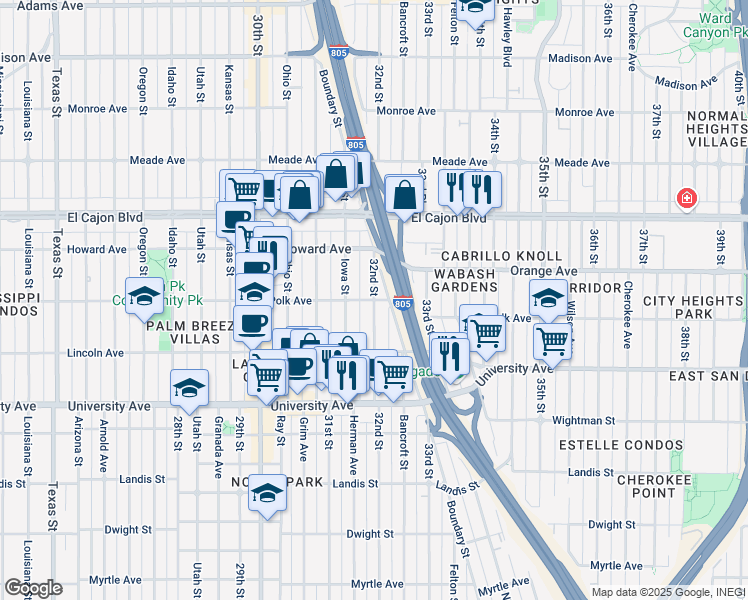 map of restaurants, bars, coffee shops, grocery stores, and more near Polk Ave & 32nd St in San Diego
