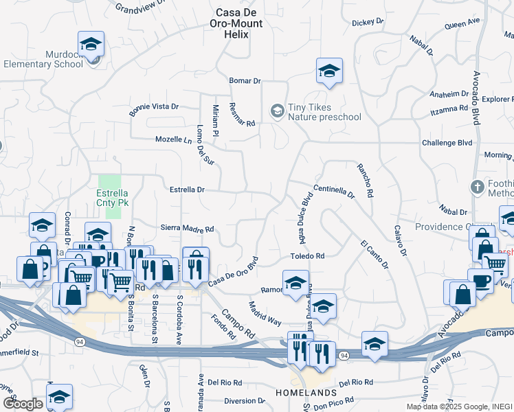 map of restaurants, bars, coffee shops, grocery stores, and more near 10176 Sierra Madre Road in Spring Valley