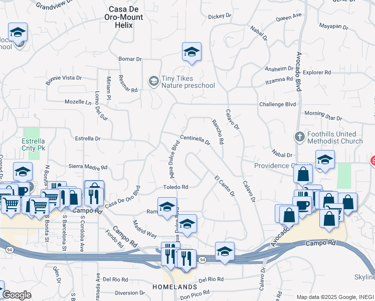 map of restaurants, bars, coffee shops, grocery stores, and more near 3937 El Canto Drive in Spring Valley