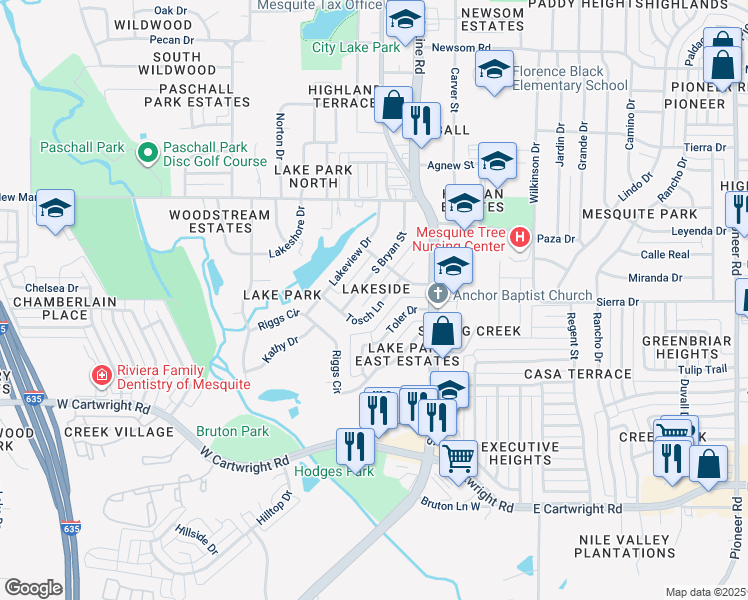 map of restaurants, bars, coffee shops, grocery stores, and more near 1113 Tosch Lane in Mesquite