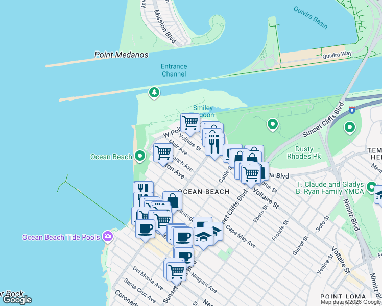 map of restaurants, bars, coffee shops, grocery stores, and more near 5045 Voltaire Street in San Diego