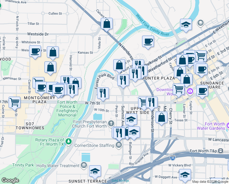 map of restaurants, bars, coffee shops, grocery stores, and more near 500 Fort Worth Trail in Fort Worth