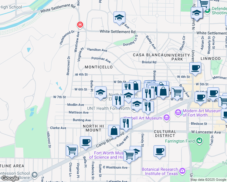 map of restaurants, bars, coffee shops, grocery stores, and more near 712 Haskell Street in Fort Worth