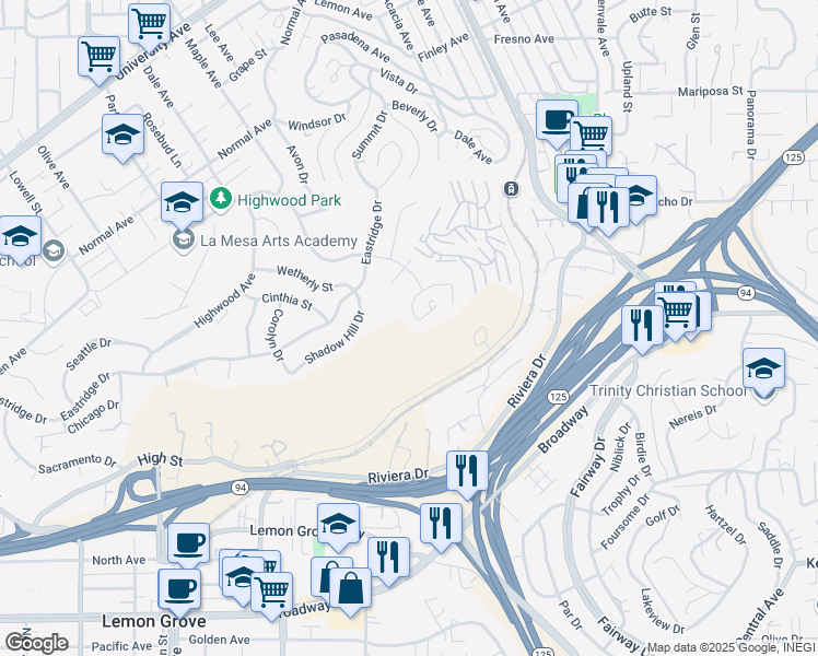 map of restaurants, bars, coffee shops, grocery stores, and more near Eastridge Drive in La Mesa