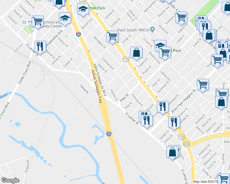 map of restaurants, bars, coffee shops, grocery stores, and more near 1605 Poplar Street in Dallas