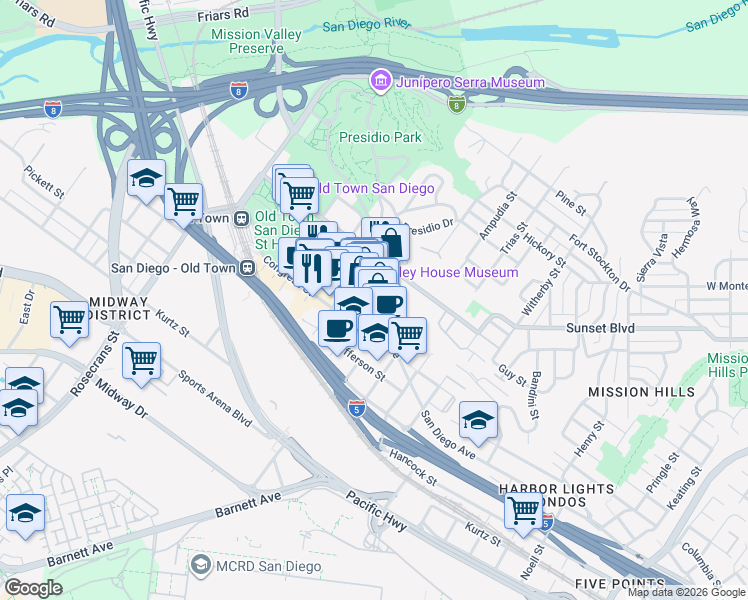 map of restaurants, bars, coffee shops, grocery stores, and more near 2444 San Diego Avenue in San Diego