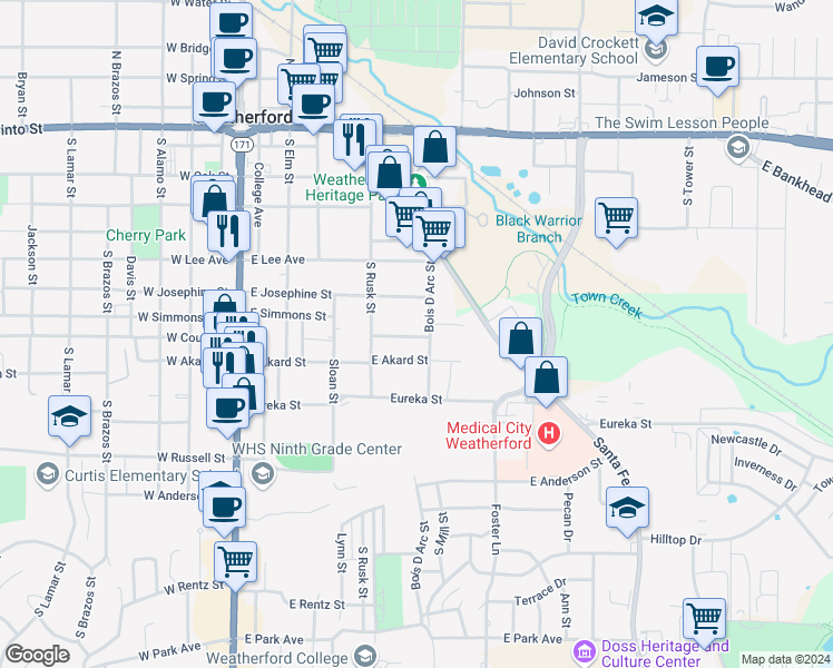map of restaurants, bars, coffee shops, grocery stores, and more near 417 East Simmons Street in Weatherford