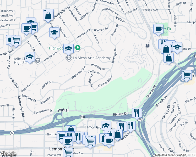 map of restaurants, bars, coffee shops, grocery stores, and more near 7970 Eastridge Drive in La Mesa
