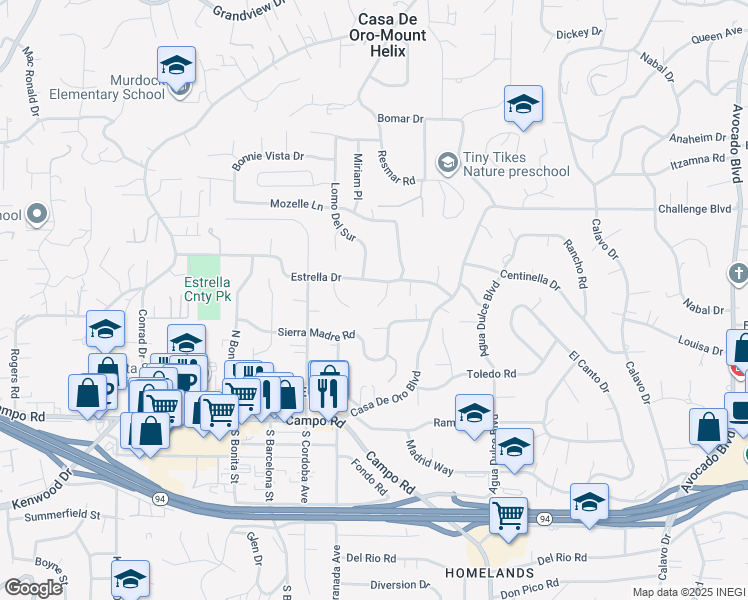 map of restaurants, bars, coffee shops, grocery stores, and more near 4114 Sherwin Place in La Mesa