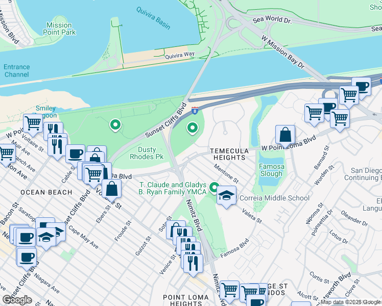 map of restaurants, bars, coffee shops, grocery stores, and more near 4566 West Point Loma Boulevard in San Diego