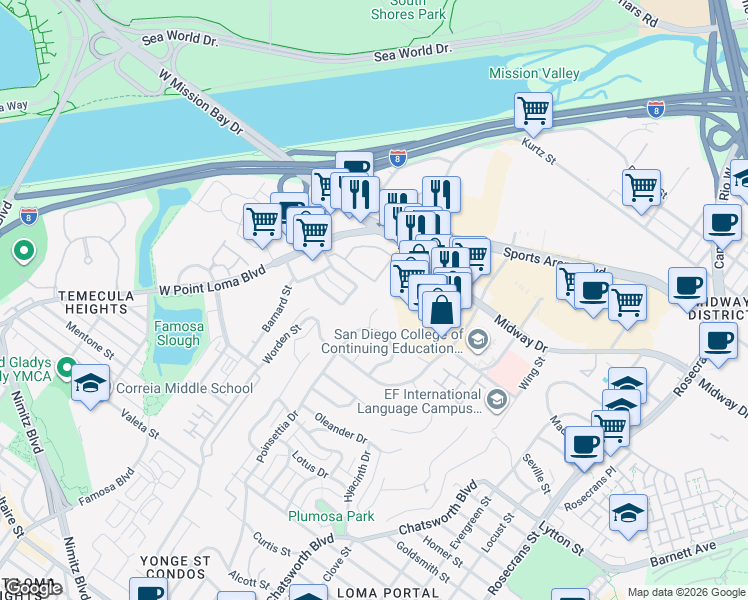 map of restaurants, bars, coffee shops, grocery stores, and more near 3801 Marquette Place in San Diego