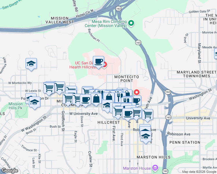 map of restaurants, bars, coffee shops, grocery stores, and more near 4119 Front Street in San Diego