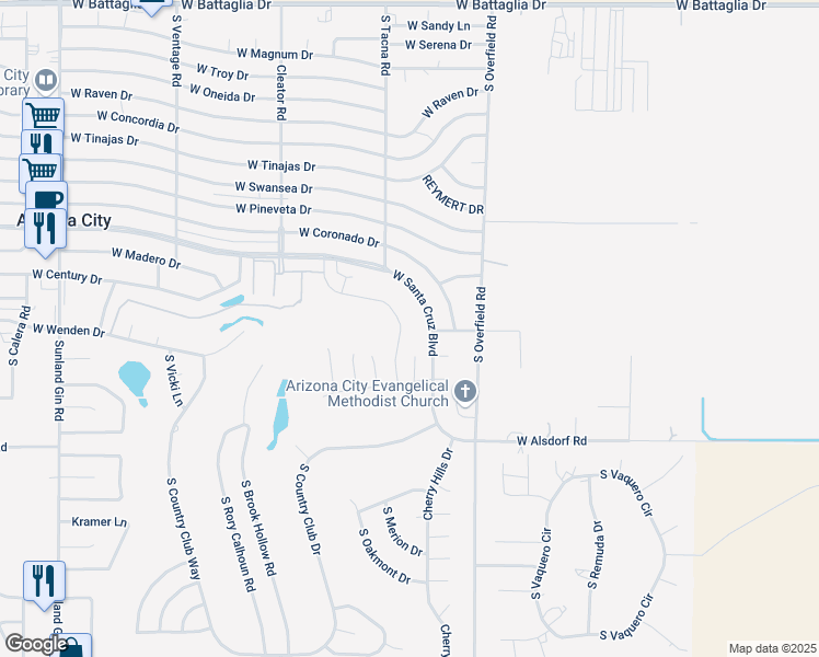 map of restaurants, bars, coffee shops, grocery stores, and more near 8325 West Santa Cruz Boulevard in Arizona City