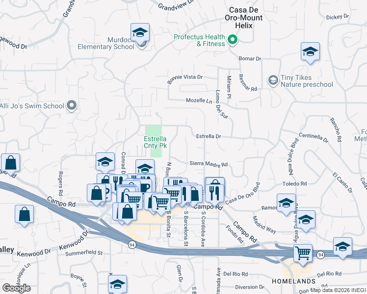 map of restaurants, bars, coffee shops, grocery stores, and more near 4148 Cortez Way in Spring Valley