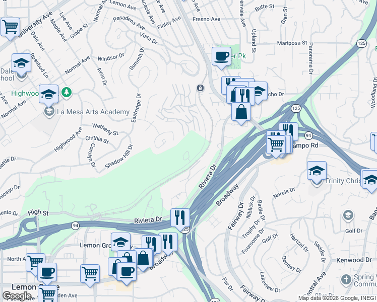 map of restaurants, bars, coffee shops, grocery stores, and more near 8060-8098 High St in La Mesa