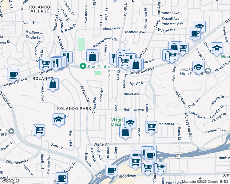 map of restaurants, bars, coffee shops, grocery stores, and more near 4144 Lois Street in La Mesa