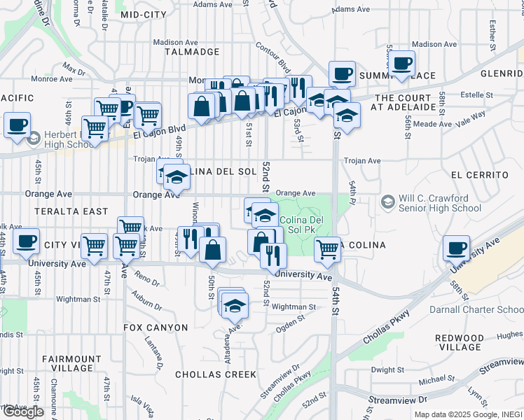map of restaurants, bars, coffee shops, grocery stores, and more near 4164 52nd Street in San Diego