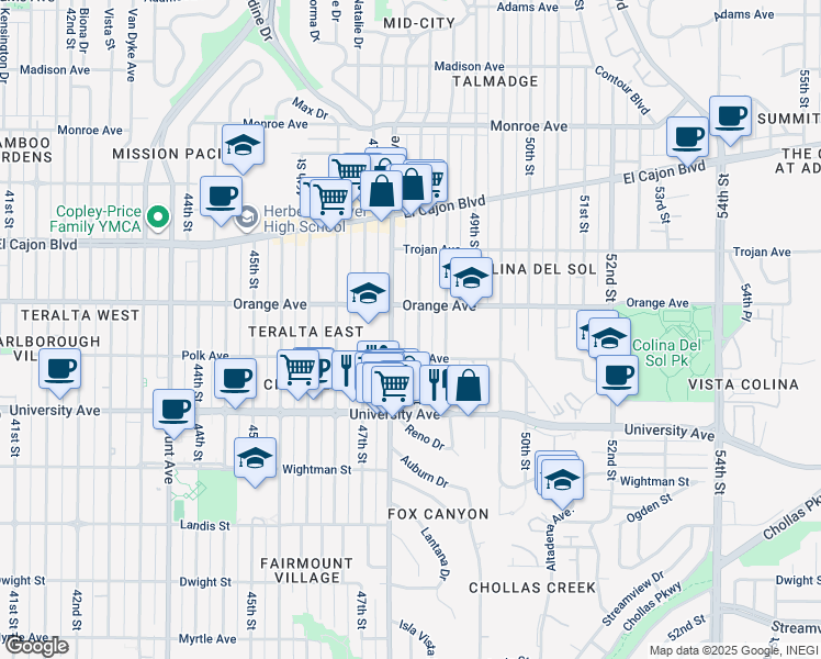 map of restaurants, bars, coffee shops, grocery stores, and more near 4166 48th Street in San Diego