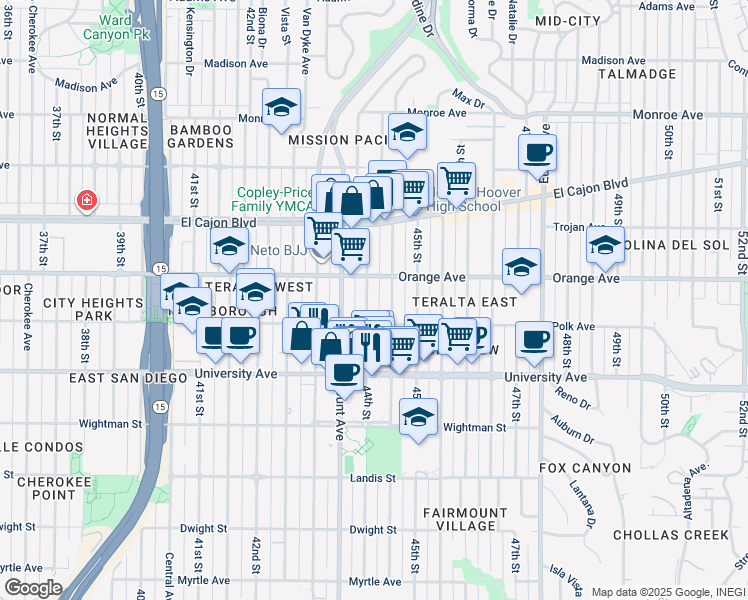 map of restaurants, bars, coffee shops, grocery stores, and more near 4168 Highland Avenue in San Diego