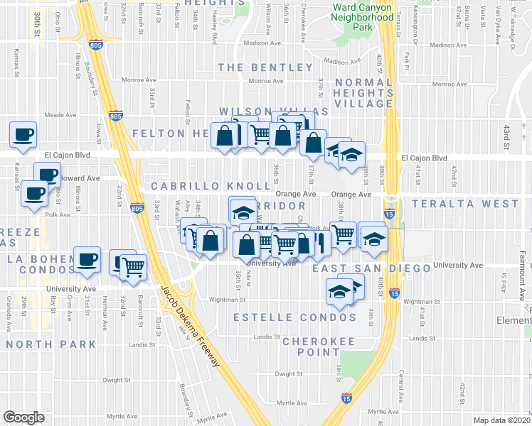 map of restaurants, bars, coffee shops, grocery stores, and more near 4152 Wilson Avenue in San Diego