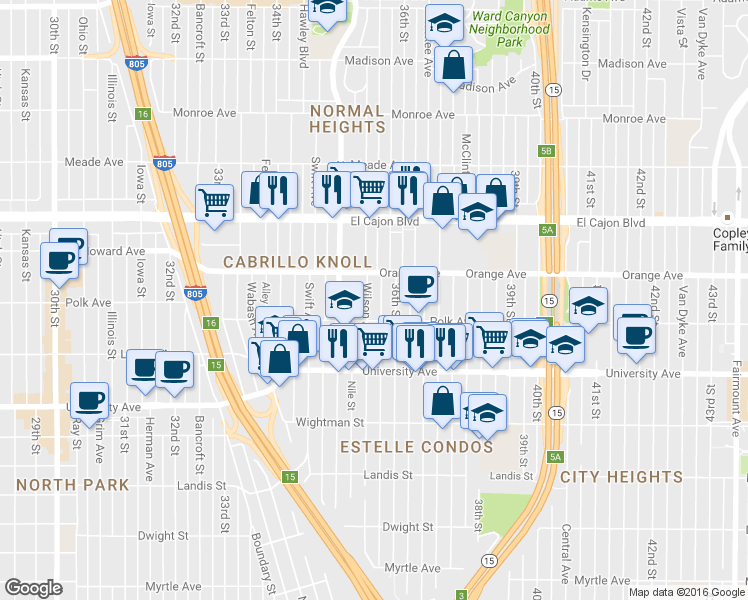 map of restaurants, bars, coffee shops, grocery stores, and more near 4152 Wilson Avenue in San Diego