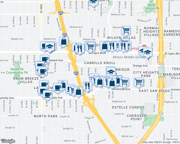 map of restaurants, bars, coffee shops, grocery stores, and more near 4149 Wabash Avenue in San Diego