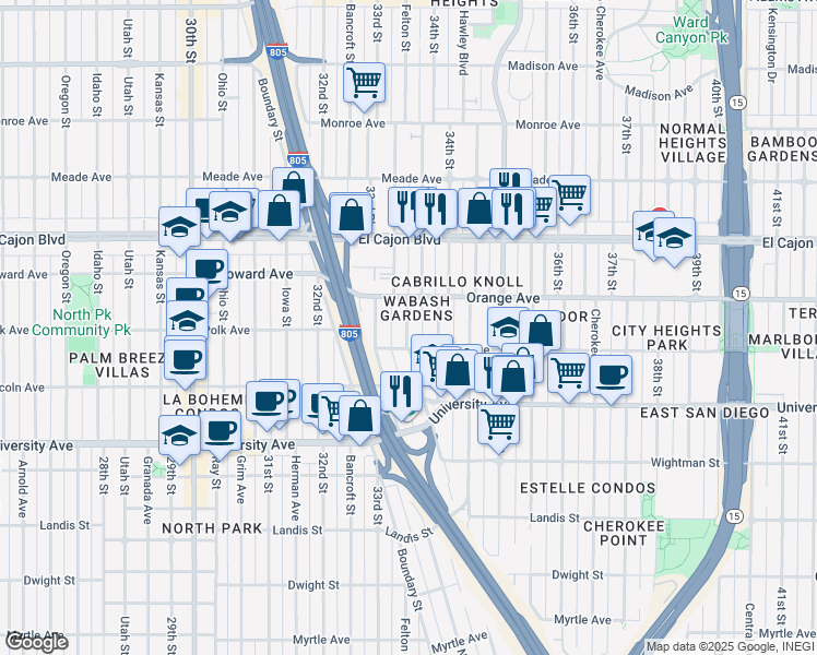 map of restaurants, bars, coffee shops, grocery stores, and more near 4149 Wabash Avenue in San Diego