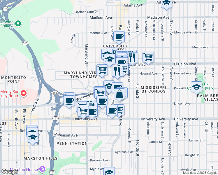 map of restaurants, bars, coffee shops, grocery stores, and more near 122 Washington Street in San Diego