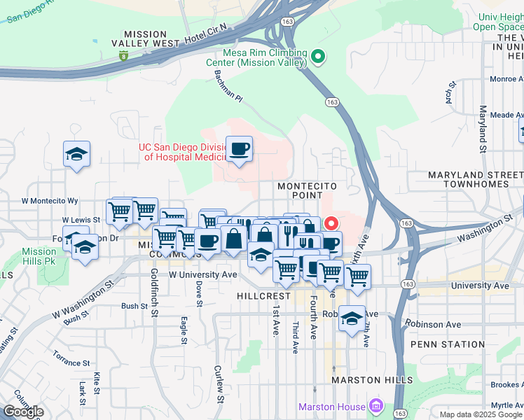 map of restaurants, bars, coffee shops, grocery stores, and more near 4130 Front Street in San Diego