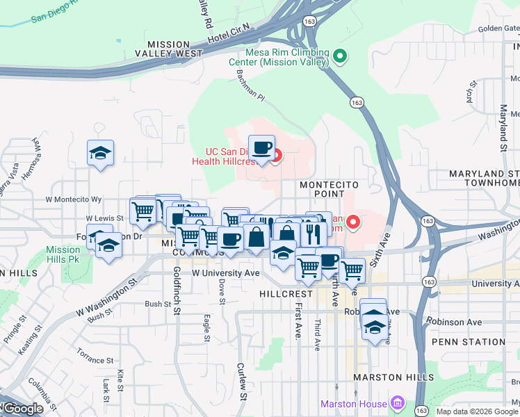 map of restaurants, bars, coffee shops, grocery stores, and more near 4180 Albatross Drive in San Diego