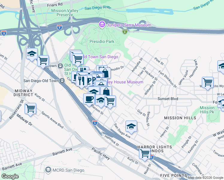 map of restaurants, bars, coffee shops, grocery stores, and more near 2387 Juan Street in San Diego