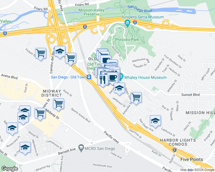map of restaurants, bars, coffee shops, grocery stores, and more near in San Diego