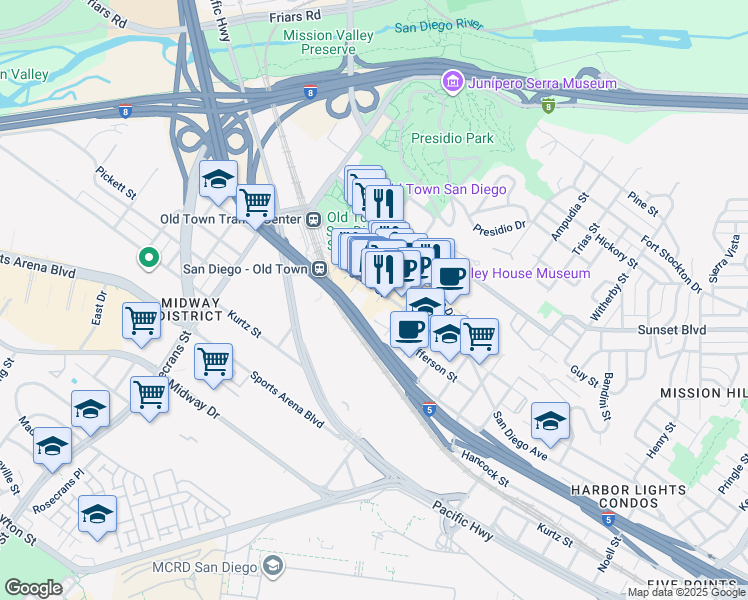 map of restaurants, bars, coffee shops, grocery stores, and more near in San Diego