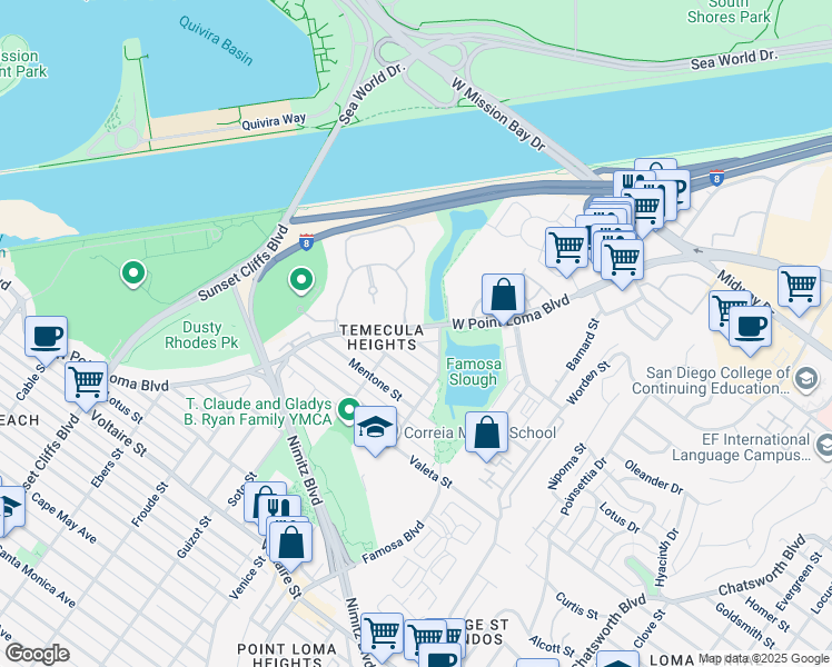 map of restaurants, bars, coffee shops, grocery stores, and more near 4314 West Point Loma Boulevard in San Diego