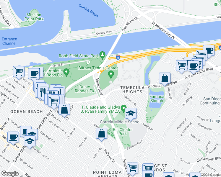 map of restaurants, bars, coffee shops, grocery stores, and more near 4588 West Point Loma Boulevard in San Diego