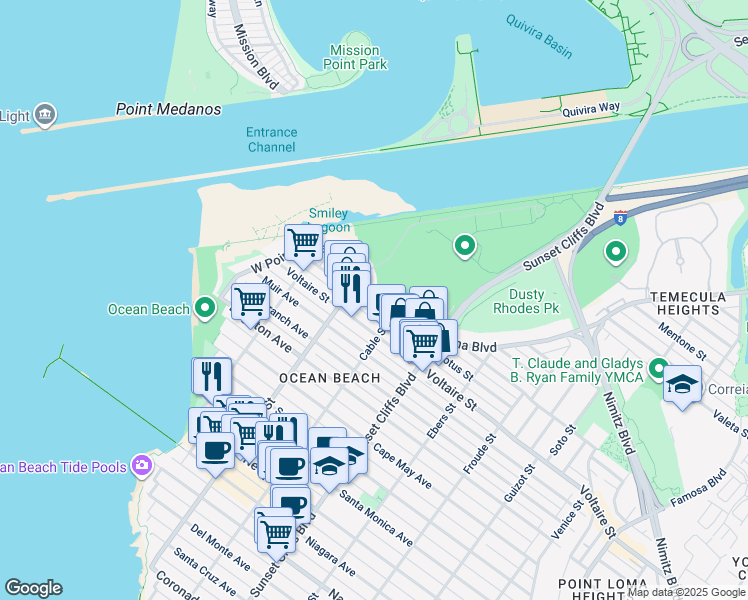 map of restaurants, bars, coffee shops, grocery stores, and more near 4930 West Point Loma Boulevard in San Diego