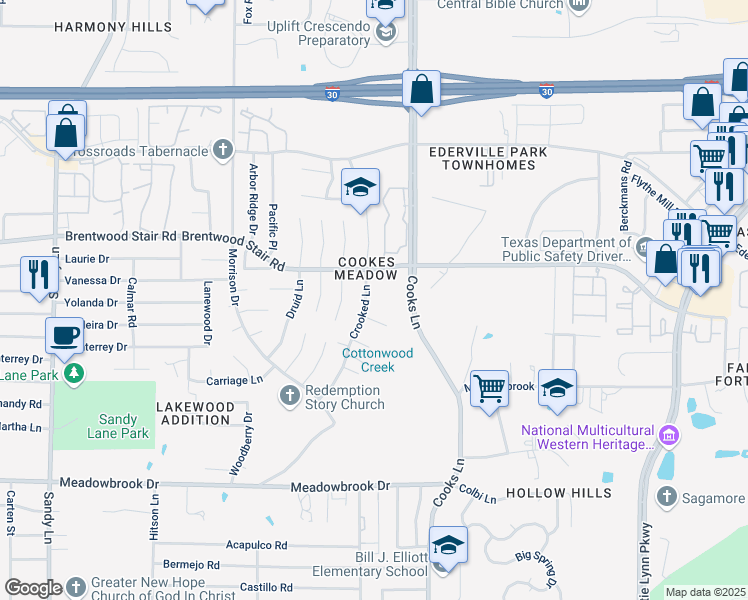 map of restaurants, bars, coffee shops, grocery stores, and more near 1813 Crooked Lane in Fort Worth