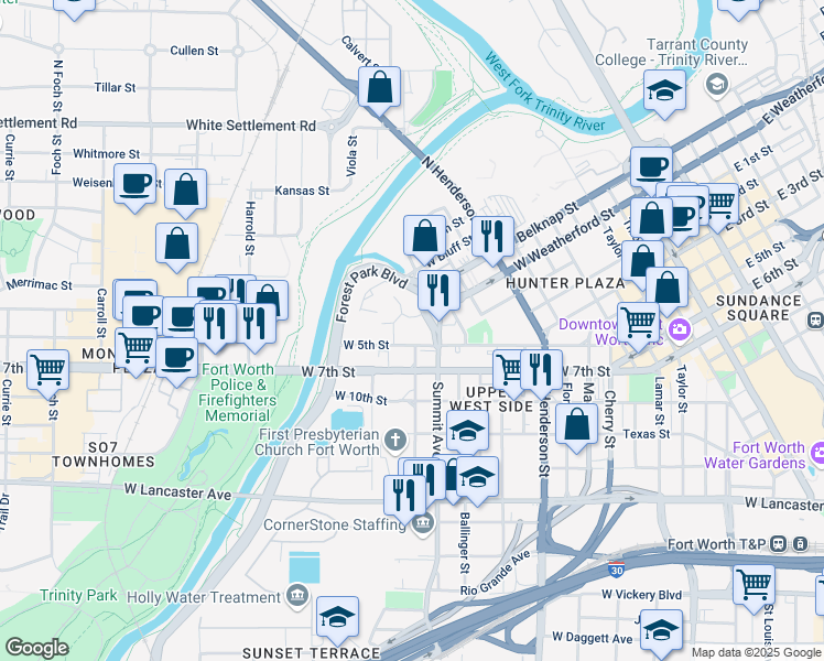 map of restaurants, bars, coffee shops, grocery stores, and more near 500 Energy Way in Fort Worth
