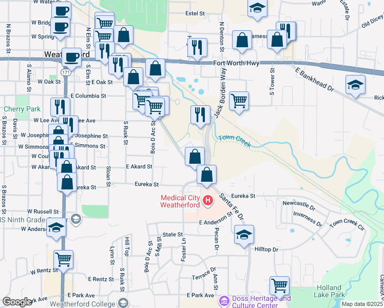 map of restaurants, bars, coffee shops, grocery stores, and more near 711 Santa Fe Drive in Weatherford