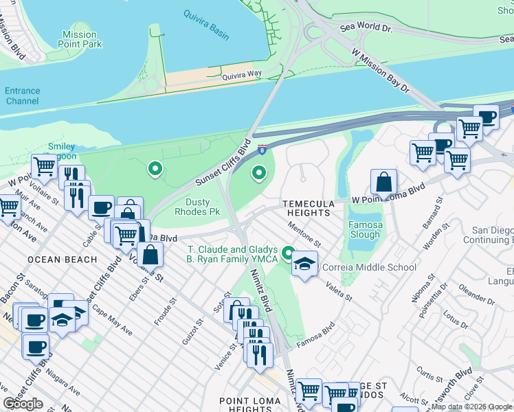 map of restaurants, bars, coffee shops, grocery stores, and more near 4572 West Point Loma Boulevard in San Diego