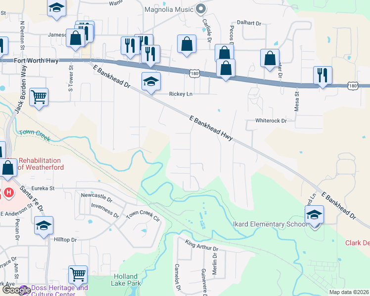 map of restaurants, bars, coffee shops, grocery stores, and more near 206 Hickory Lane in Weatherford