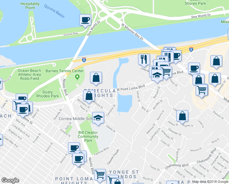 map of restaurants, bars, coffee shops, grocery stores, and more near 4363 West Point Loma Boulevard in San Diego