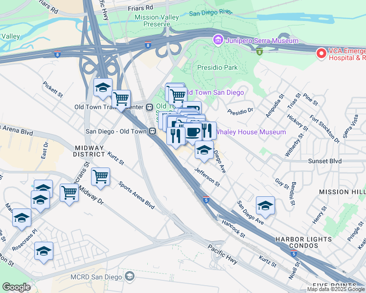 map of restaurants, bars, coffee shops, grocery stores, and more near 2543 Congress Street in San Diego