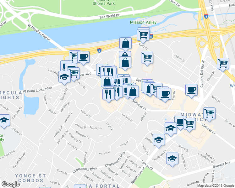 map of restaurants, bars, coffee shops, grocery stores, and more near 3615 Midway Drive in San Diego