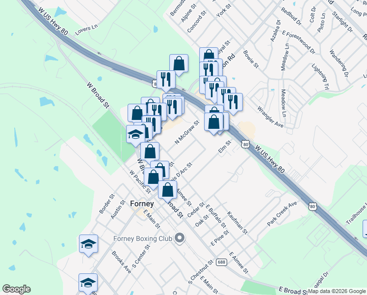 map of restaurants, bars, coffee shops, grocery stores, and more near 515 Burgett Street in Forney